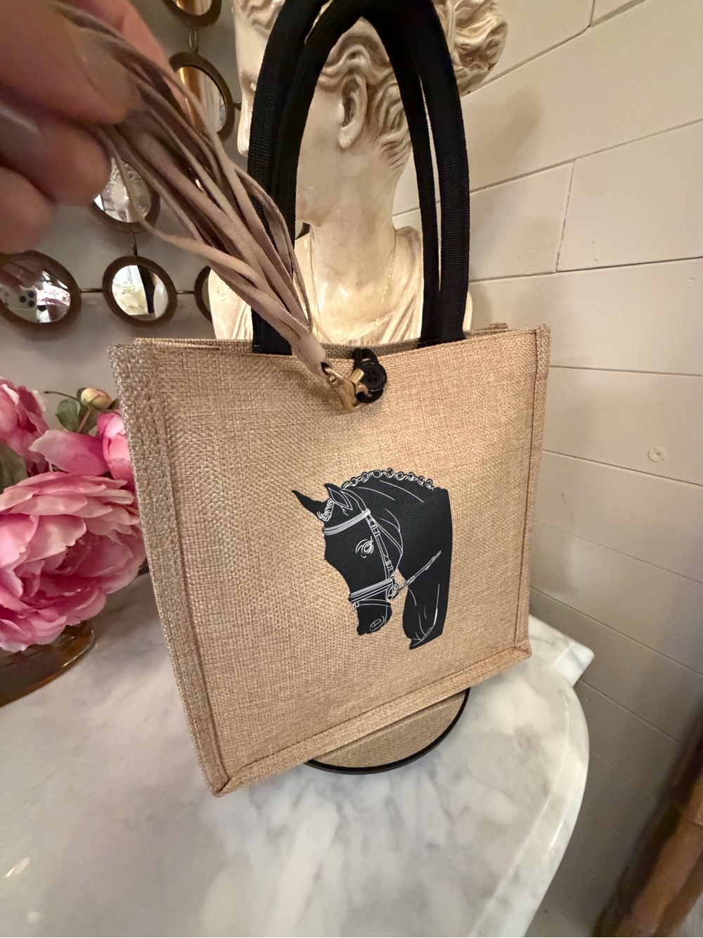 Natural Jute Tote Bag with Black Horse Motif and added leather Tassel NWOT - Picture 5 of 11
